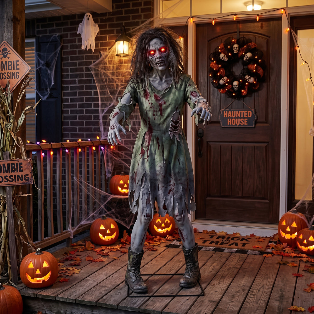 6' Animated Zombie Outbreak / Quarantine Zone Infected Zombie Girl Figure Music Lights Motion Sensor Halloween Home Decor Accent Yard Prop